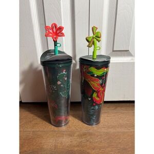 Starbucks Tumblers Set of 2 Holiday Christmas‎ Theme With Straws